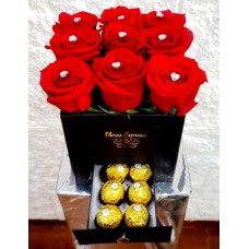 BOX OF 9 DIAMOND ROSES WITH FERRERO ROCHER DRAWER